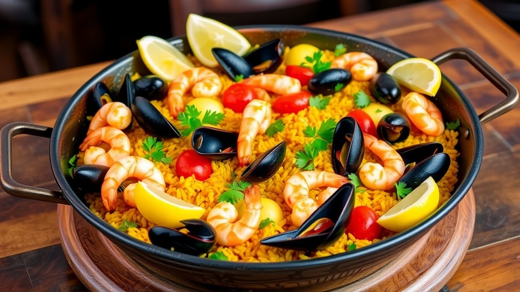 Authentic Seafood Paella Recipe A traditional Seafood Paella with shrimp, mussels, calamari, and saffron rice, garnished with parsley and lemon on a rustic table.